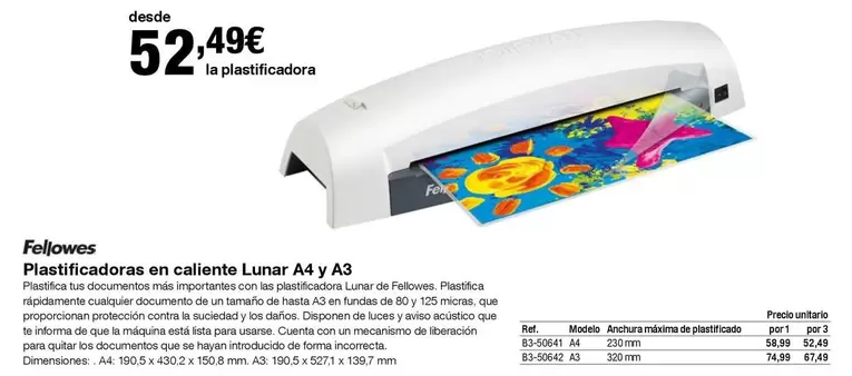 Oferta de Fellowes - Plastificadoras En Caliente Lunar A4 Y A3 por 52,49€ en Staples Kalamazoo