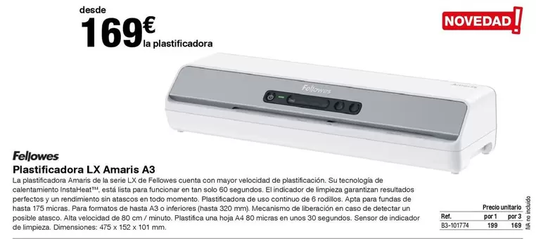 Oferta de Fellowes - Plasticadora Lx Amarie A3 por 169€ en Staples Kalamazoo
