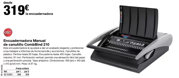 Oferta de 51 - Encuadermadora Manual De Cantillo Combino 210 por 319€ en Staples Kalamazoo