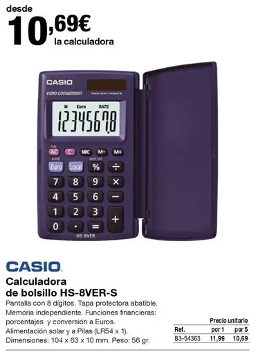 Oferta de CASIO - Calculadora De Bolsillo Hs-8ver-s por 10,69€ en Staples Kalamazoo