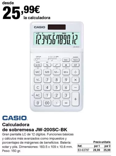 Oferta de CASIO - Calculadora De Sobremesa JW-200SC-BK por 25,99€ en Staples Kalamazoo