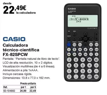 Oferta de CASIO - Calculadora Tecnico-Cientifica FX-82SPCW por 22,49€ en Staples Kalamazoo