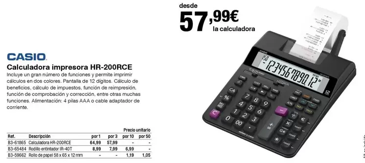 Oferta de CASIO - Calciudadora Impresora HR-R20ORCE por 57,99€ en Staples Kalamazoo