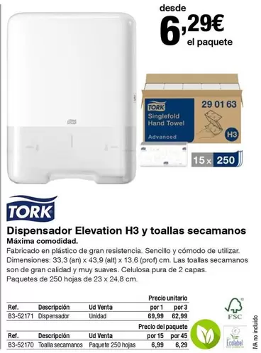 Oferta de Tork - Dispensador Elevation H3 Y Toallas Secamanos por 6,29€ en Staples Kalamazoo