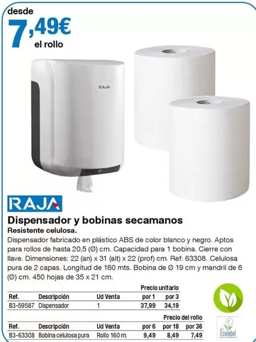 Oferta de Raja - Dispensador Y Bobinas Secamanos por 7,49€ en Staples Kalamazoo