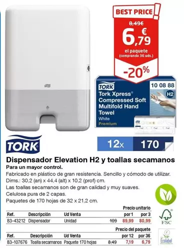 Oferta de Tork - Dispensador Elevation H2 Y Toallas Secamanos por 6,79€ en Staples Kalamazoo