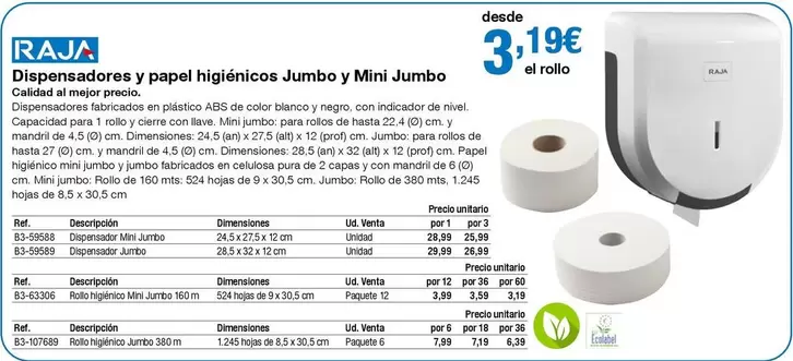 Oferta de Raja - Dispensadores Y Papel Higiénicos Jumbo Y Mini Jumbo por 3,19€ en Staples Kalamazoo