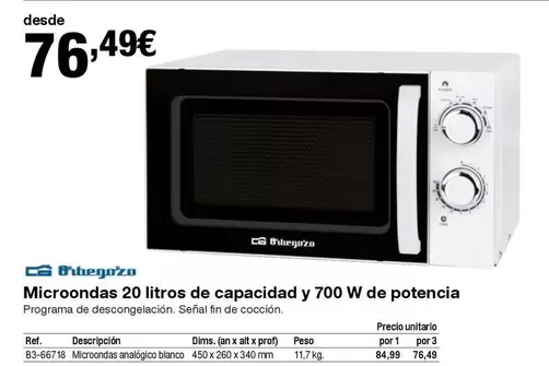 Oferta de Microondas 20 Litros De Capacidad Y 700 W De Potencia por 76,49€ en Staples Kalamazoo