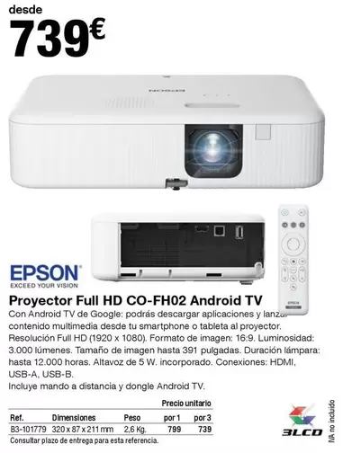 Oferta de Epson - Proyector Full Hd Co-Fh02 Android Tv por 739€ en Staples Kalamazoo