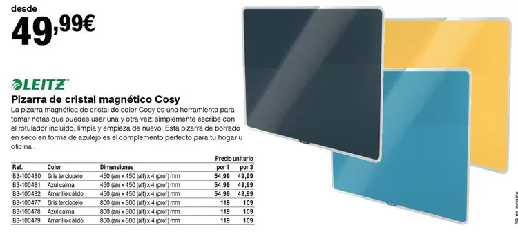 Oferta de Leitz - Pizarra De Cristal Magnetico Cosy por 49,99€ en Staples Kalamazoo