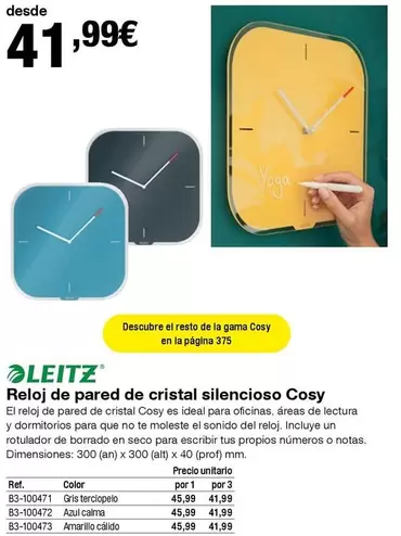 Oferta de Leitz - Reloj De Pared De Cristal Silencioso Cosy por 41,99€ en Staples Kalamazoo