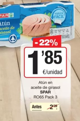 Oferta de Spar - Atún En Aceite De Girasol por 1,85€ en SPAR Fragadis