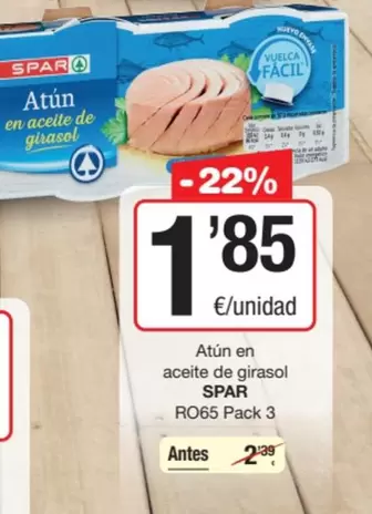 Oferta de Spar - Atún En Aceite De Girasol por 1,85€ en SPAR Fragadis