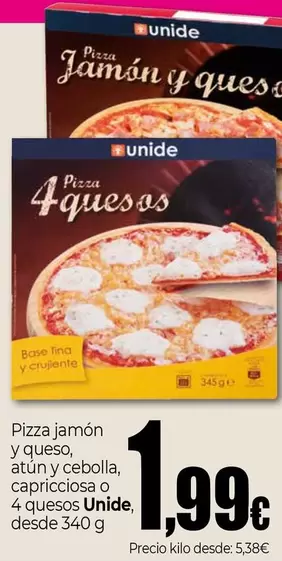 Oferta de Unide - Pizza Jamón Y Queso, Atún Y Cebolla, Capricciosa O 4 Quesos por 1,99€ en UDACO