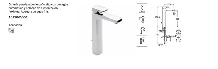 Oferta de Griferia Para Lavabo De Cano Alto Con Desague Automatico Y Enlaces De Alimentacion Flexibles en Roca