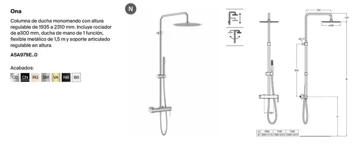 Oferta de Ona Columna De Ducha Monomando Con Altura Regulable De 1935 A 2310 Mm. en Roca