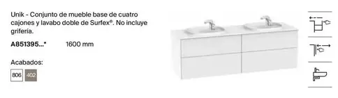 Oferta de Unik-Conjunto De Mueble Base De Cuatro Cajones Y Lavabo Doble De Surfex en Roca