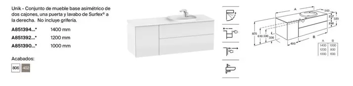 Oferta de Unik-Conjunto De Mueble Base Asimétrico De Dos Cajones, Una Puerta Y Lavabo De Surfex A La Derecha en Roca