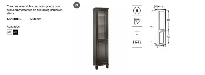 Oferta de Columna Reversible Con Patas, Puerta Con Cristalera Y Estantes De Cristal Regulables En Altura en Roca