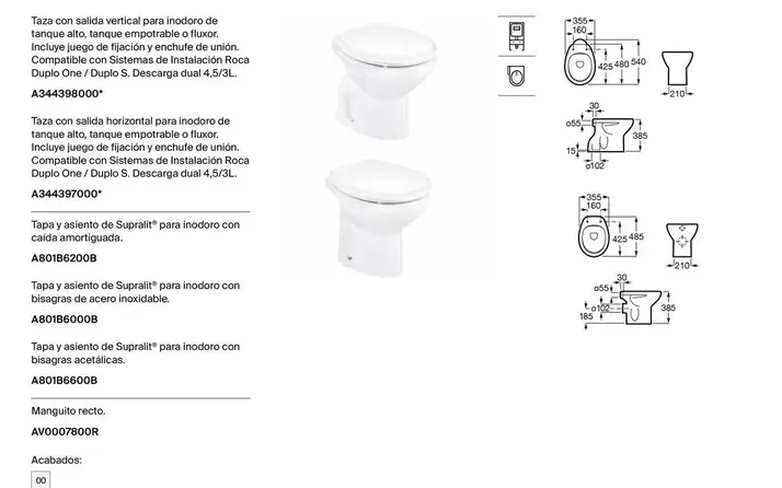 Oferta de Taza Con Salida Vertical Para Inodoro De Tanque Alto, Tanque Empotrable O Fluxor en Roca