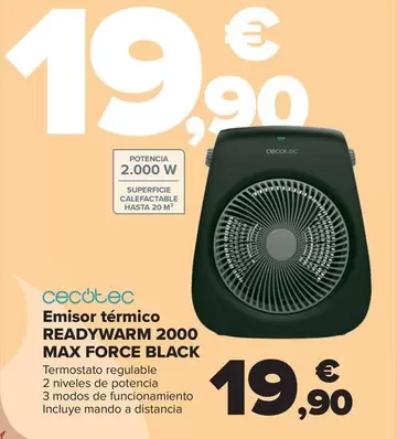 Oferta de Cecotec - Emisor Térmico Readywarm 2000 Max Force Black por 19,9€ en Carrefour