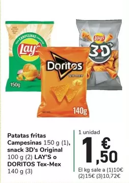 Oferta de Lay's/Doritos - Patatas Fritas Campesinas Snack 3D's Original O Tex-Mex por 1,5€ en Carrefour Express