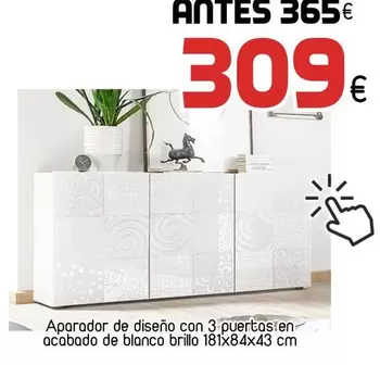 Oferta de Blanco - aparador de diseno con 3 puertas en acabada de blanco brillo por 309€ en Muebles Hnos. García