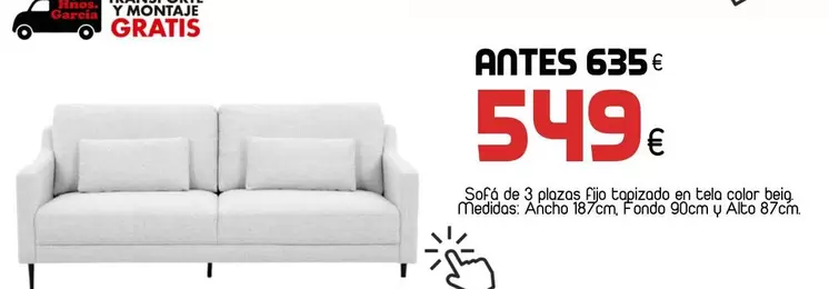 Oferta de Sofá De 3 Plazas Fijo Tapizado En Tela Color Beig por 549€ en Muebles Hnos. García