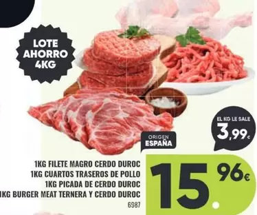 Oferta de Duroc - 1Kg Filete Magro Cerdo Duroc/ 1Kg Cuartos Traseros De Pollo/ 1Kg Picada De Cerdo/ 1Kg Burger Meat Tennera Y Cerdo  por 15,96€ en Family Cash