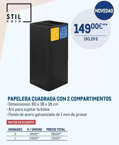 Oferta de Papelera Cuadrada Con 2 Compartimentos por 149€ en Makro