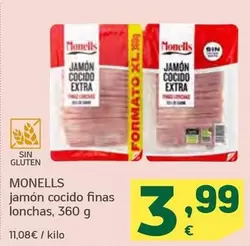 Oferta de Monells - Jamon Cocido Finas Lonchas por 3,99€ en HiperDino