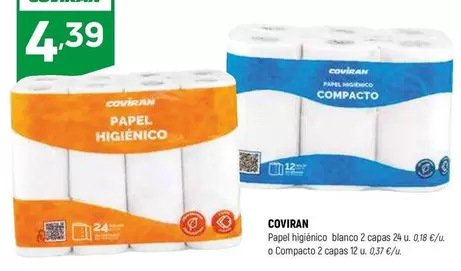 Oferta de Coviran - Papel Higienico Blanco 2 Capas O Compacto 2 Copas por 4,39€ en Coviran