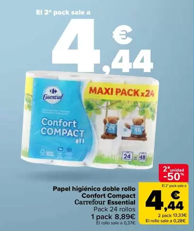 Oferta de Carrefour Essential - Papel Higiénico Doble Rollo Confort Compact por 8,89€ en Carrefour