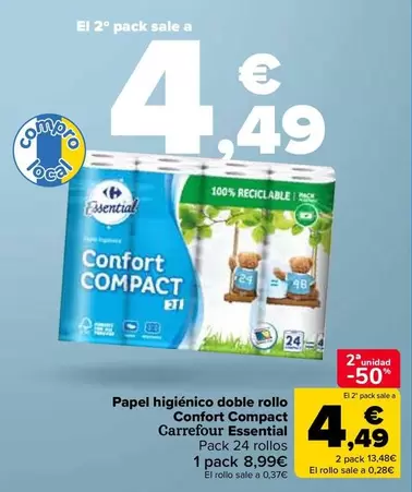 Oferta de Carrefour Essential - Papel Higiénico Doble Rollo Confort Compact por 8,99€ en Carrefour