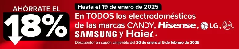 Oferta de En Todos Los Electrodomésticos De Las Marcas  Candy, Hisense, Lg, Hoover, Samsung Y Haier en Carrefour