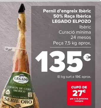 Oferta de Legado ElPozo - Jamón De Cebo Ibérico 50% Raza Ibérica por 135€ en Carrefour