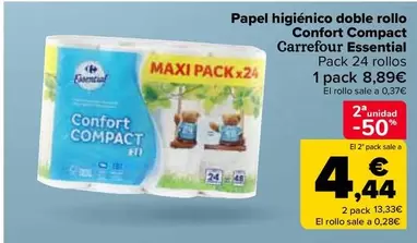 Oferta de Carrefour - Papel Higiénico Doble Rollo Confort Compact Essential por 8,89€ en Carrefour