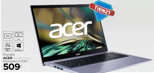 Oferta de Acer - Portátil NX-K6TEB-024 por 509€ en Tien 21