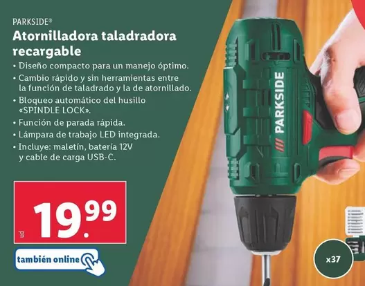 Oferta de Parkside - Atornilladora Taladradora Recargable por 19,99€ en Lidl