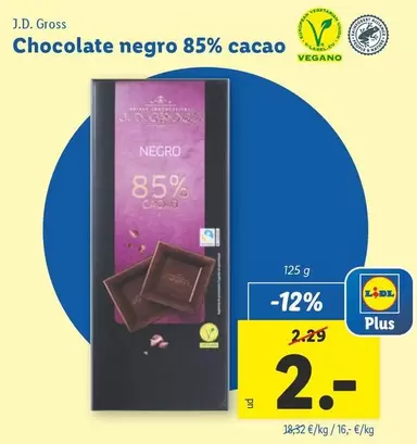 Oferta de J.D. Gross - Chocolate Negro 85% Cacao  por 2€ en Lidl