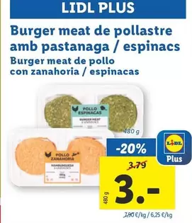 Oferta de Burger Meat De Pollo Con Zanahoria / Espinacas por 3€ en Lidl