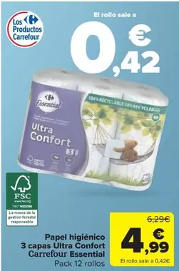 Oferta de Carrefour - Papel Higiénico 3 Capas Ultra Confort Essential por 4,99€ en Carrefour Market