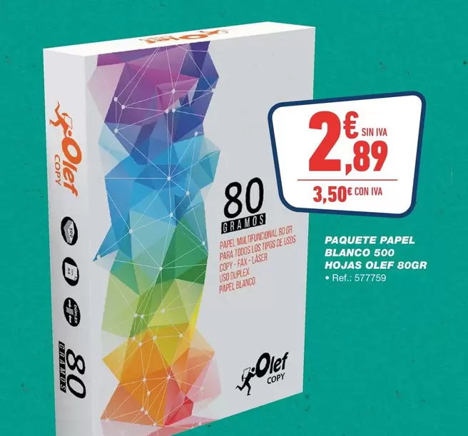 Oferta de Olef - Paquete Papel Blanco 500 Hojas por 2,89€ en Bureau Vallée