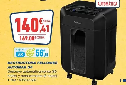 Oferta de Fellowes - Destructora  Automax 80 por 140,41€ en Bureau Vallée