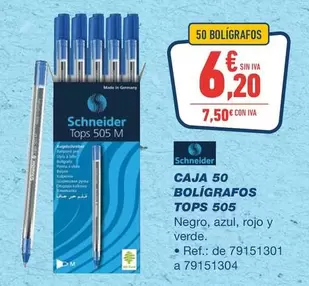 Oferta de Schneider - Caja 50 Boligrafos Tops 505 por 6,2€ en Bureau Vallée