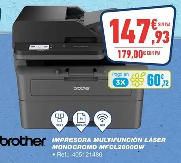 Oferta de Brother - Impresora Multifuncion Laser Monocromo MFCL280ODW por 147,93€ en Bureau Vallée