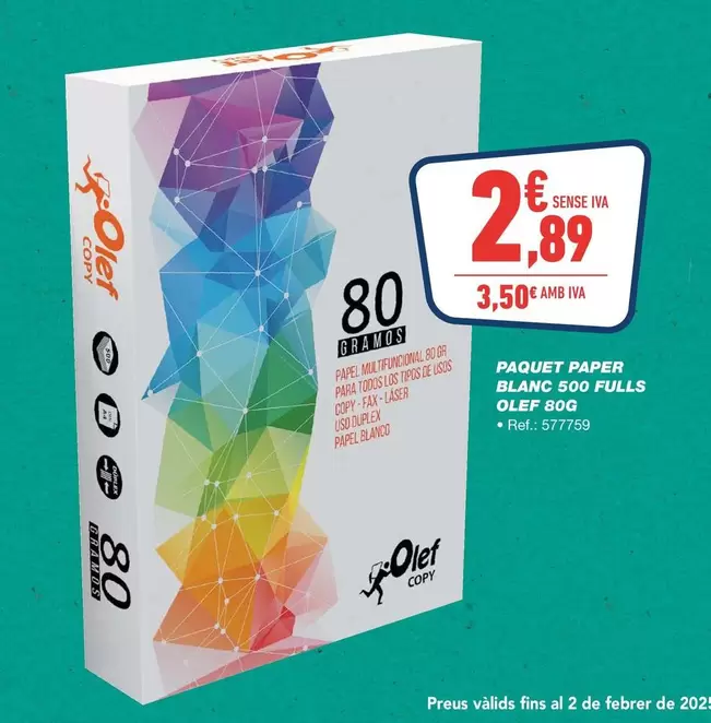 Oferta de Olef - Paquet Paper Blanc 500 Fulls  por 2,89€ en Bureau Vallée