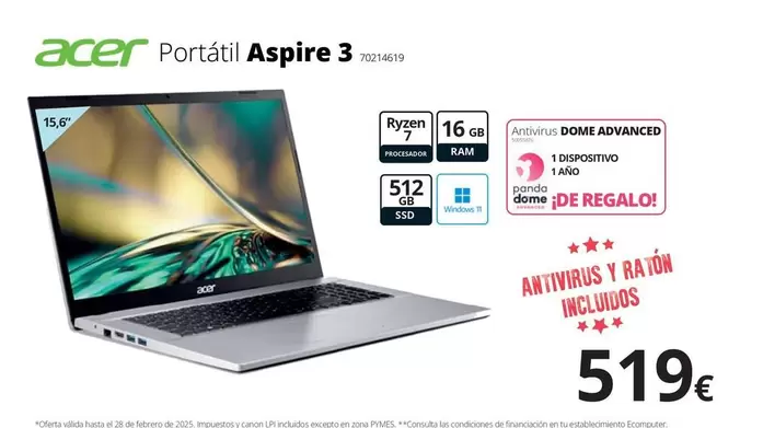 Oferta de Acer - Portátil Aspire 3 por 519€ en Ecomputer