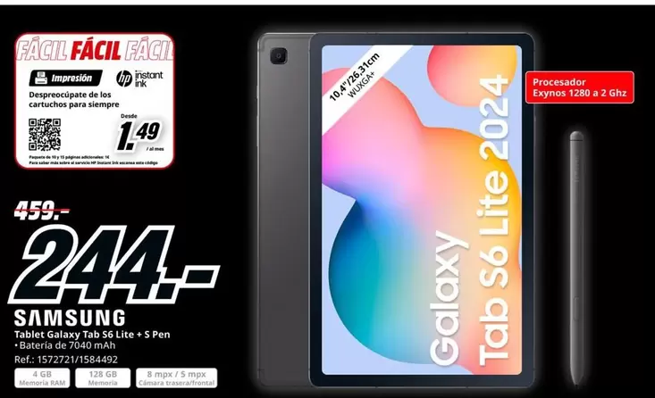 Oferta de Samsung - Tablet Galaxy Tab S6 Lite + S Pen por 244€ en MediaMarkt