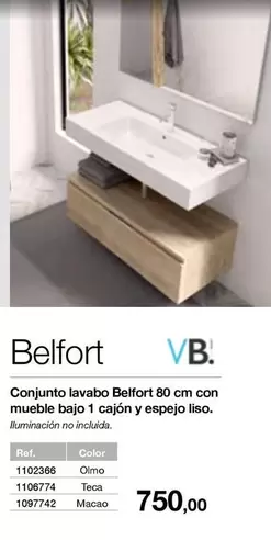 Oferta de VB - Conjunto Lavabo Belfort 80 Cm Con Mueble Bajo 1 Cajon Y Espejo Liso por 750€ en Distriplac